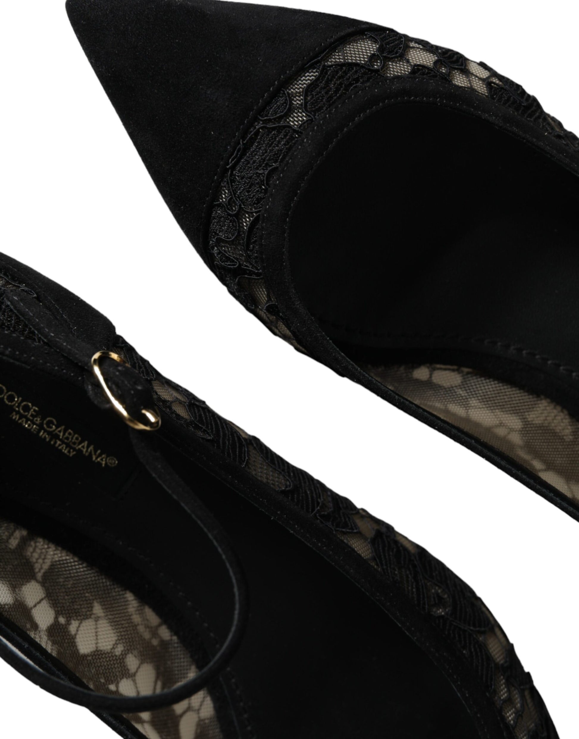 Black high heel shoes with lace detailing