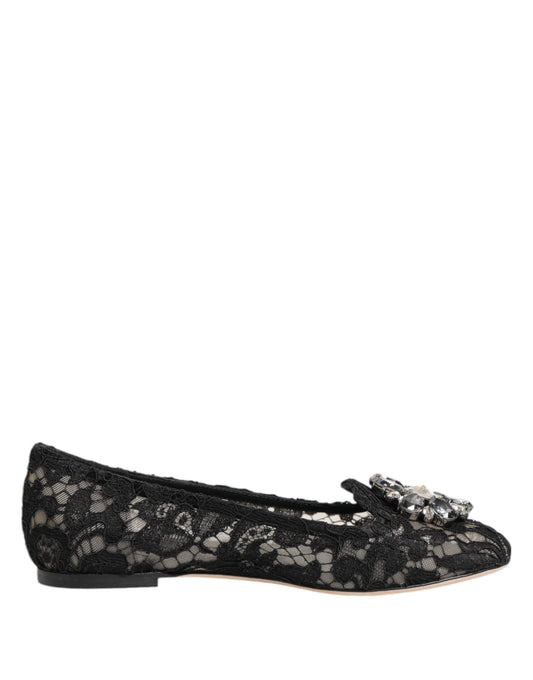 Black lace flat shoes with embellishments on toe