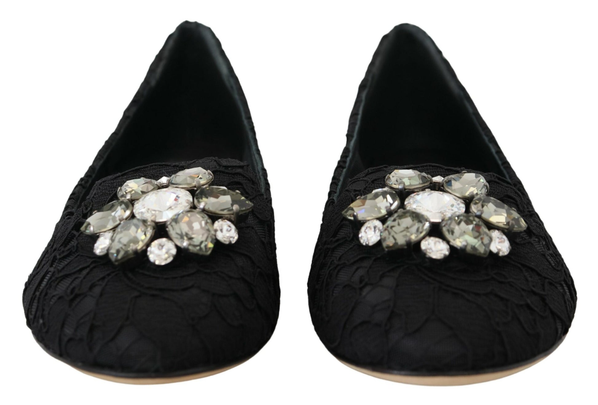 Pair of black shoes with embellished heels featuring multiple stones