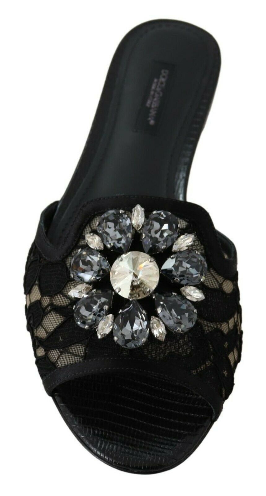 Black sandal with embellished toe cap featuring multiple crystals and sequins