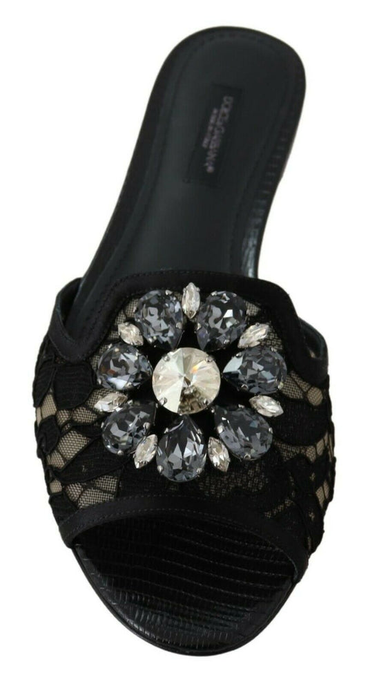 Black sandal with embellished toe cap featuring multiple crystals and sequins