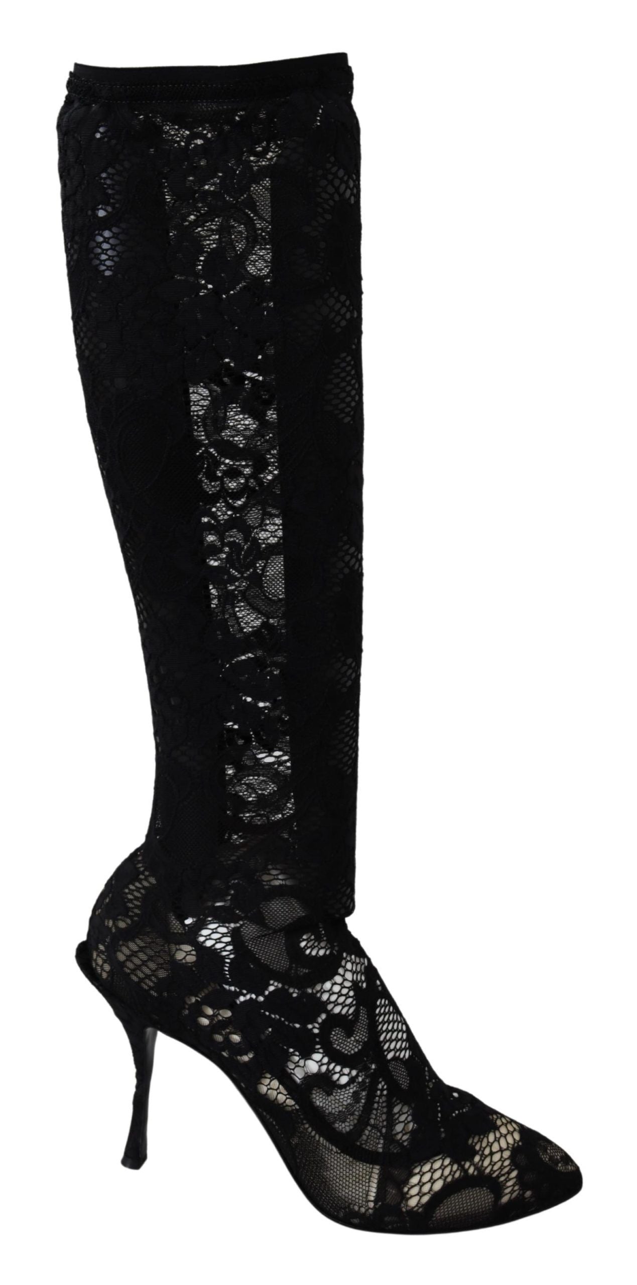 Black lace-up boots with high heels and pointed toe design