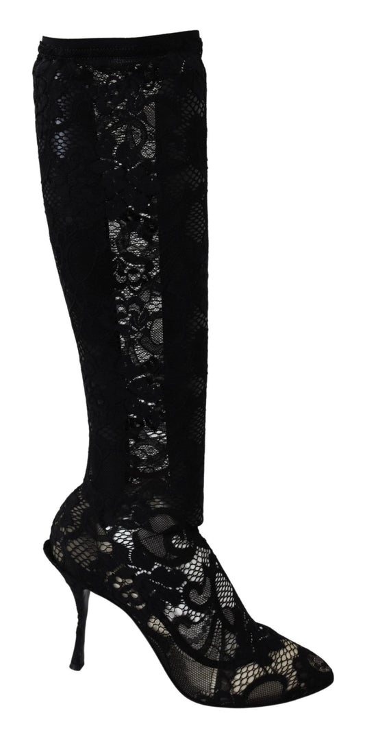 Black lace-up boots with high heels and pointed toe design
