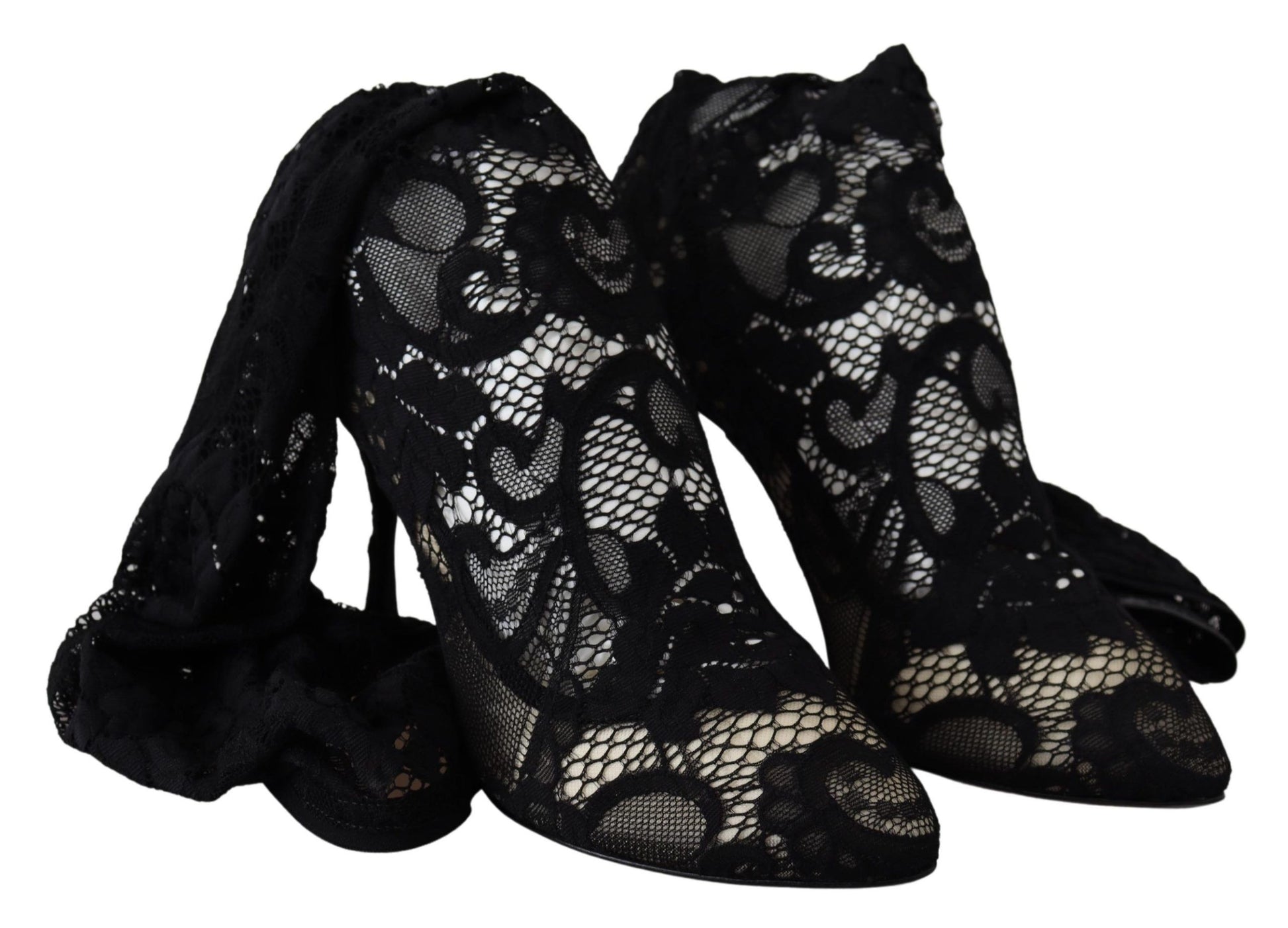 Pair of black high heel shoes with lace and embroidery detailing