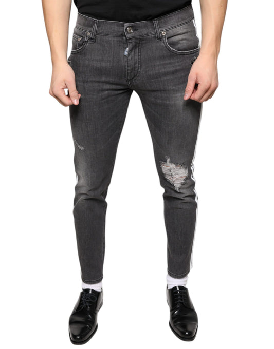 Pair of blue denim jeans with distressed details