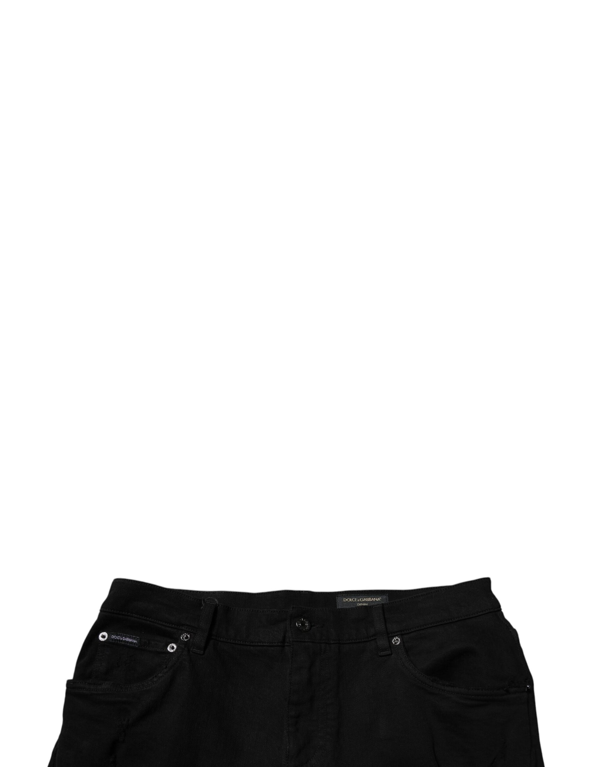 Pair of black denim shorts with horizontal stripes