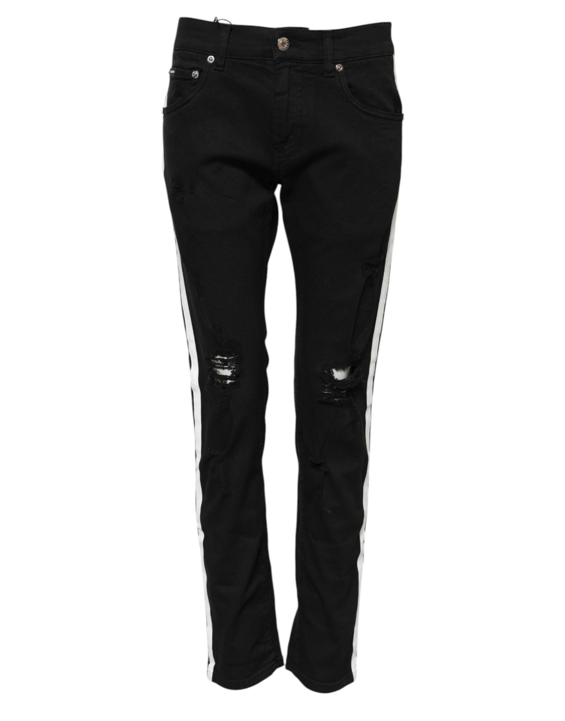 Pair of black skinny jeans with distressed details