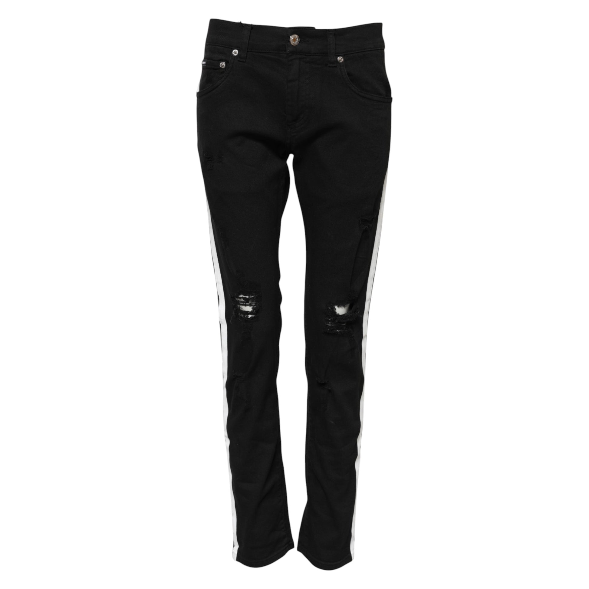 Pair of black jeans with white stitching