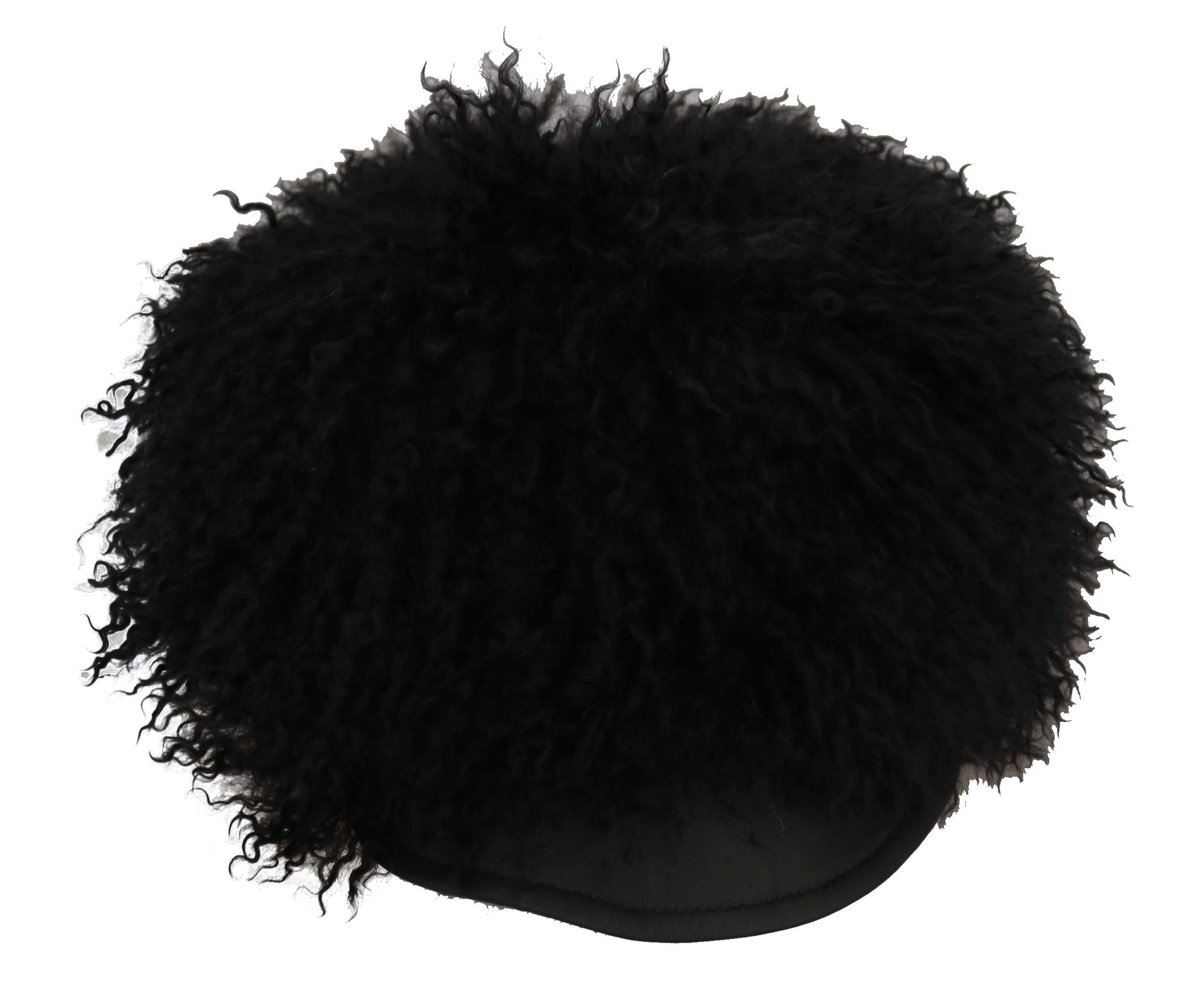 Black woolly hat on head