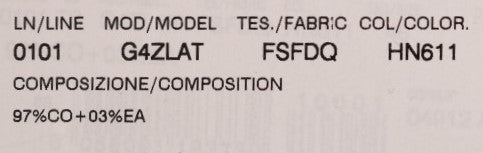 A label on a fabric item with various pieces of information such as model number, color code, fabric type, co