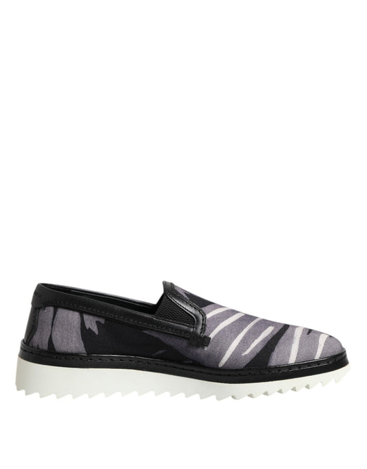 Black and white slip on shoes with patterned design