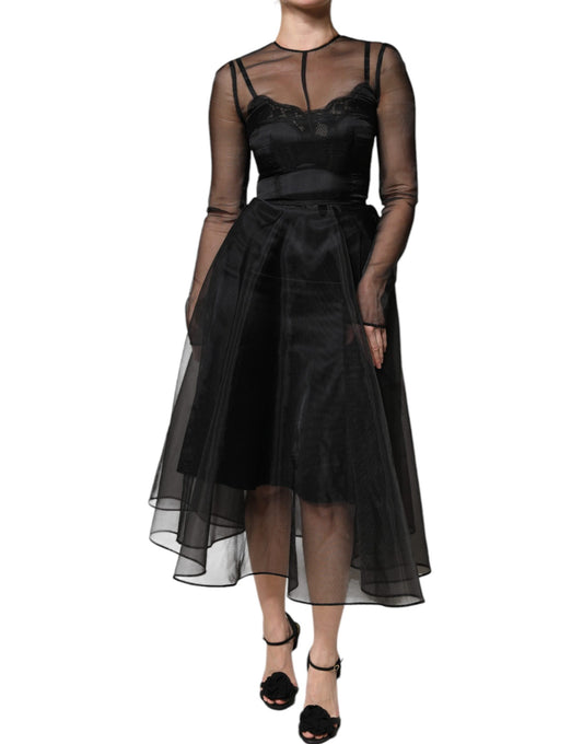Long black tulle midi dress with lace bodice and sheer overlay
