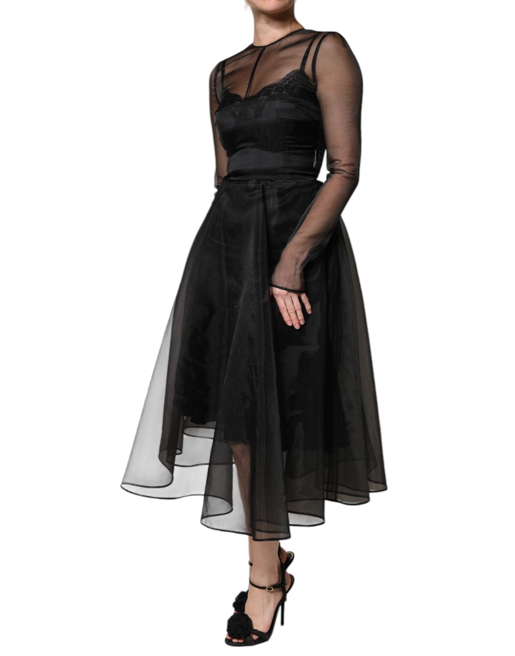 A black tulle A-line midi cocktail gown dress