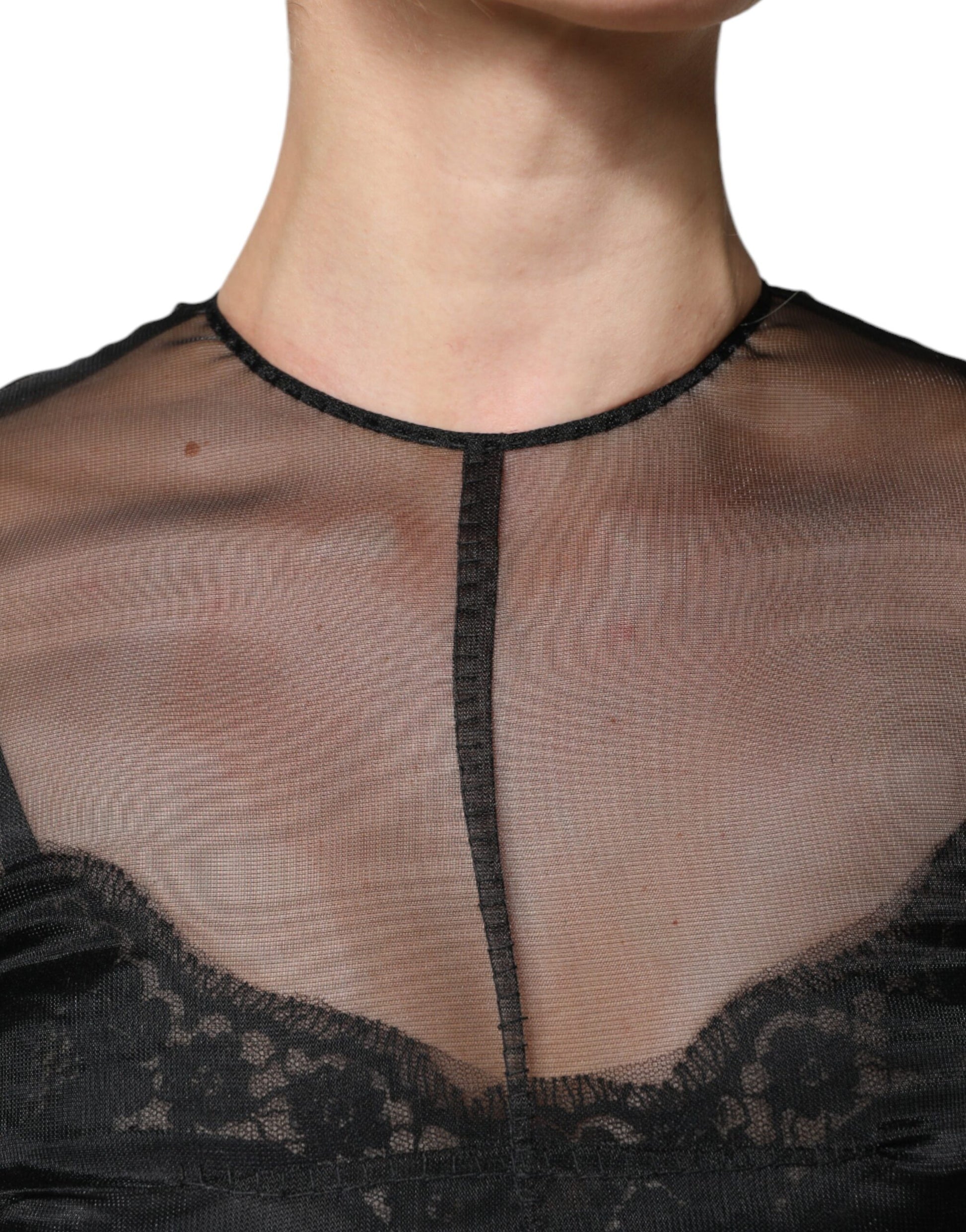 Black tulle midi dress with lace neckline and sleeves