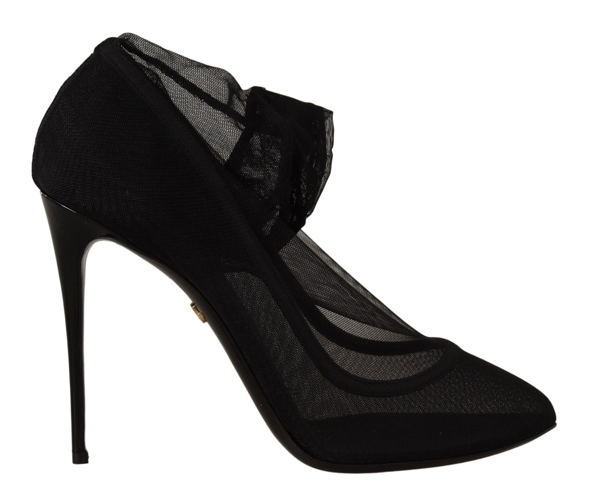Black high heel shoes with lace detailing and a strap across the foot