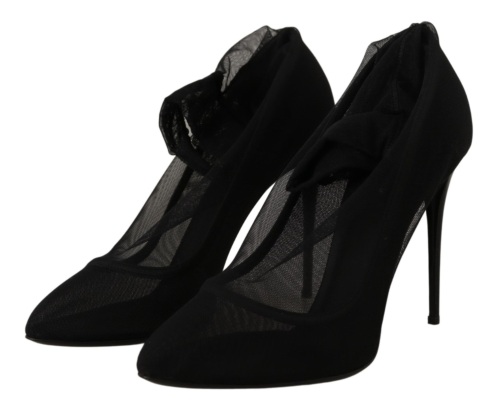 Pair of black high heel shoes with lace detailing and a mesh texture on the vamp