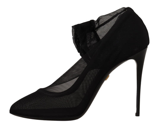 Black high heel shoe with lace detailing and a strap across the foot