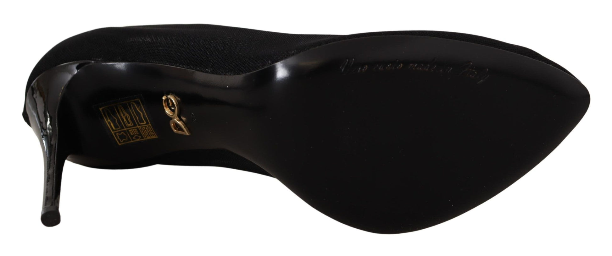 Black high heel shoe with gold buckle and strap