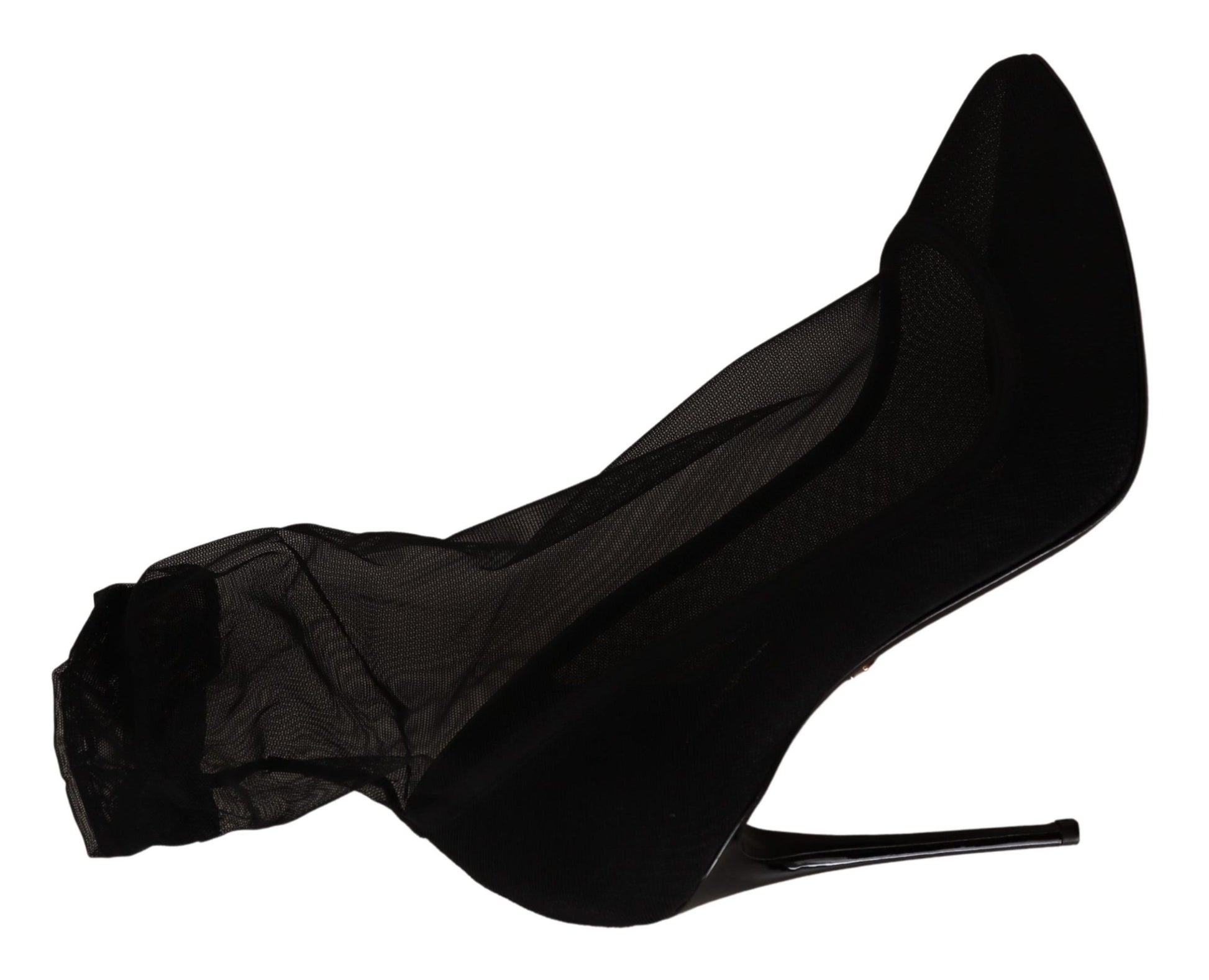 Black high heel shoe with a mesh design on the toe and ankle