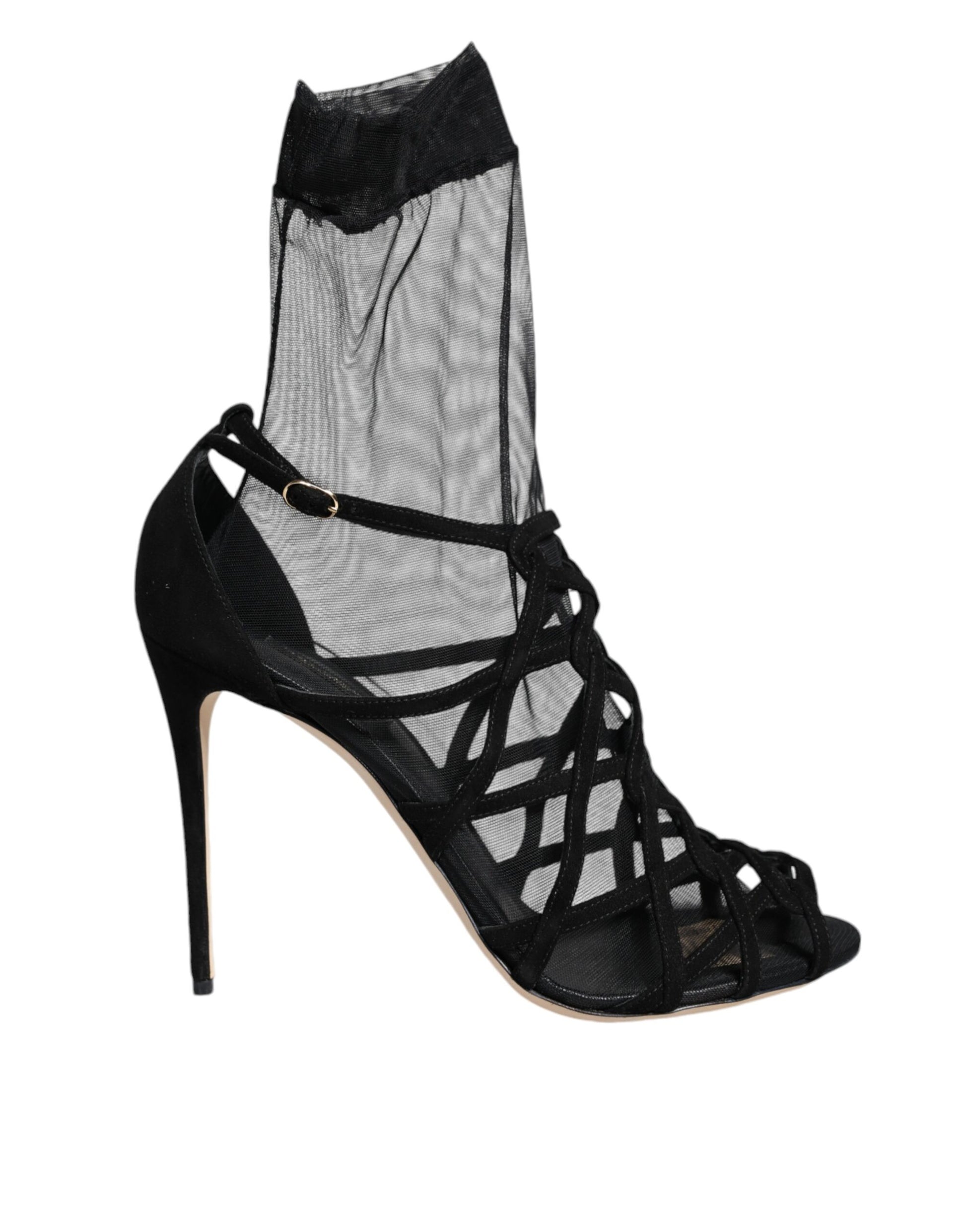 High heel shoe with black straps and a mesh design