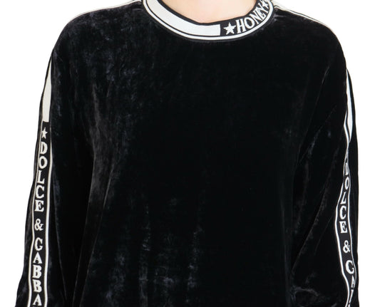 Black velvet long sleeve shirt with white lettering on sleeves