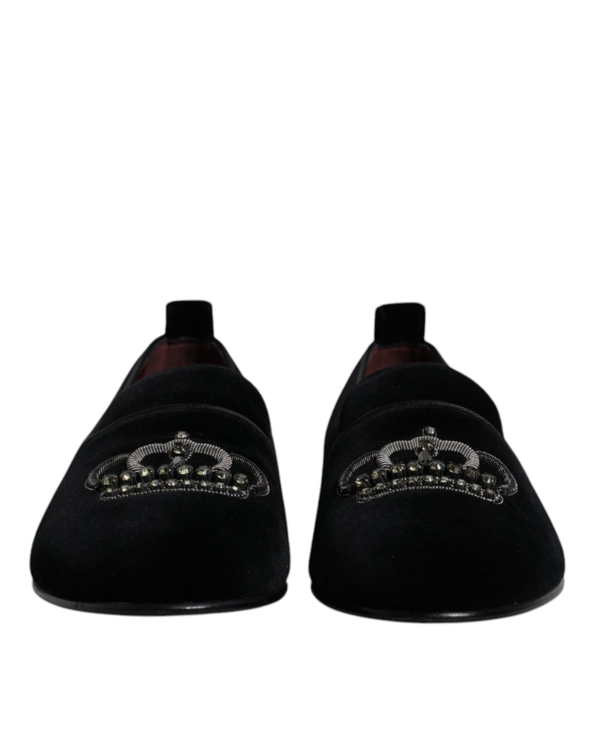 Pair of black velvet loafers with crystal crown embroidery