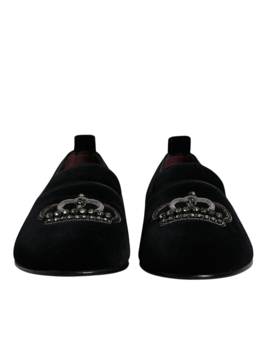 Pair of black velvet loafers with crystal crown embroidery