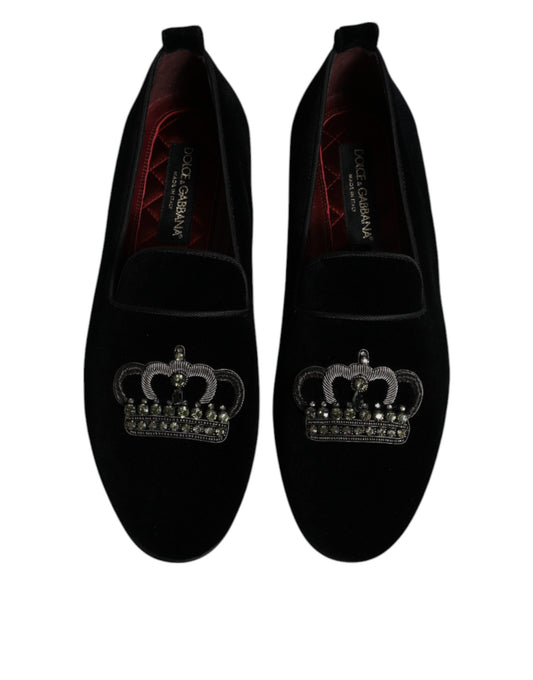 Pair of black velvet loafers with crystal crown embellishment