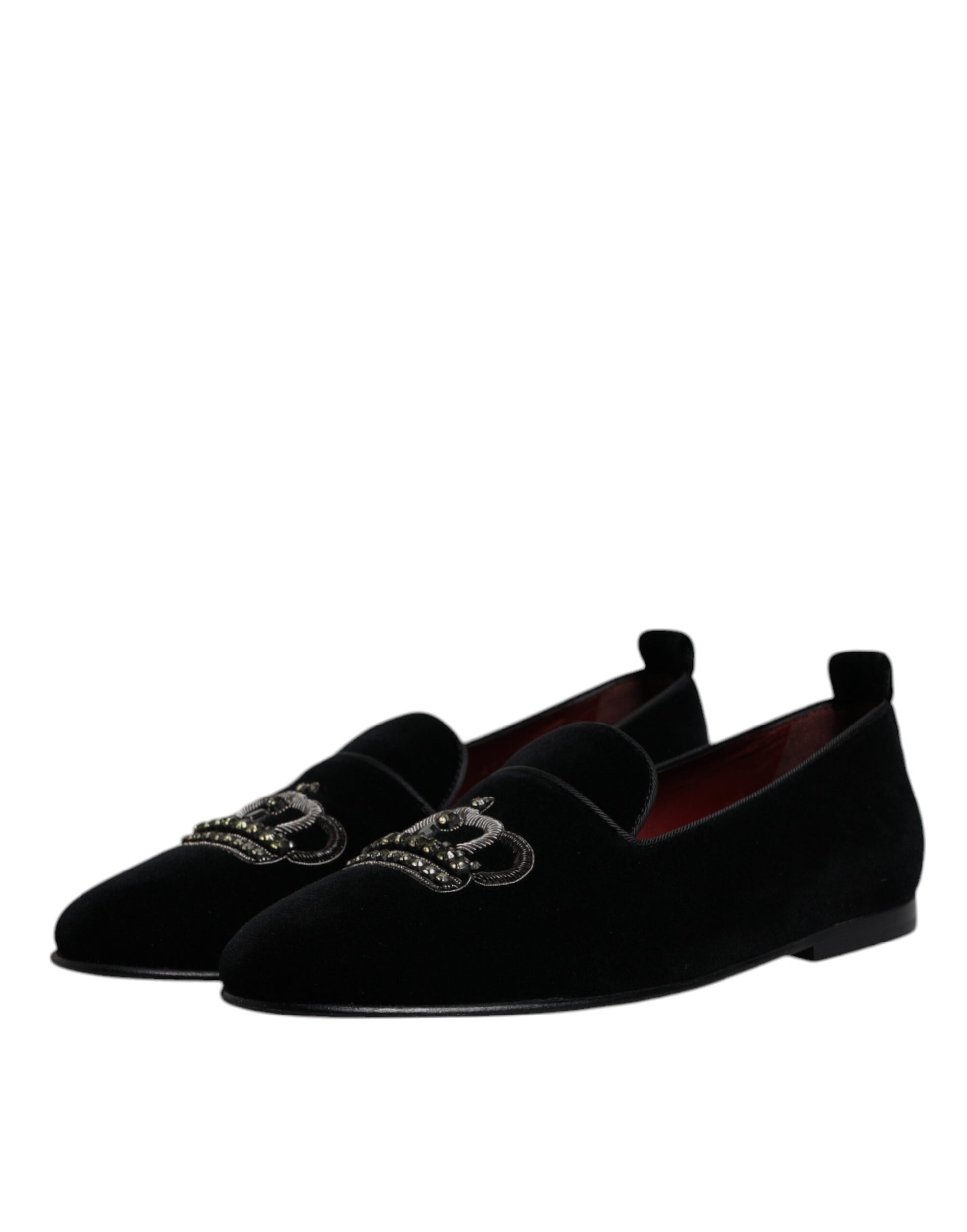 Pair of black velvet loafers with crystal crown embellishments