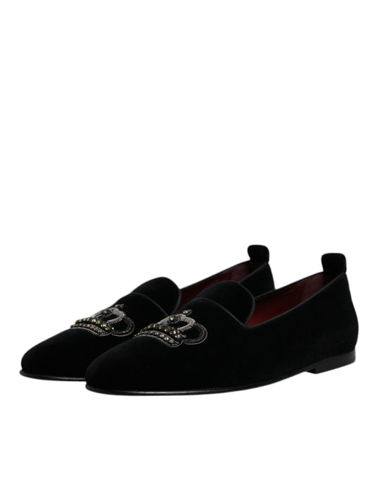 Pair of black velvet loafers with crystal crown embellishments
