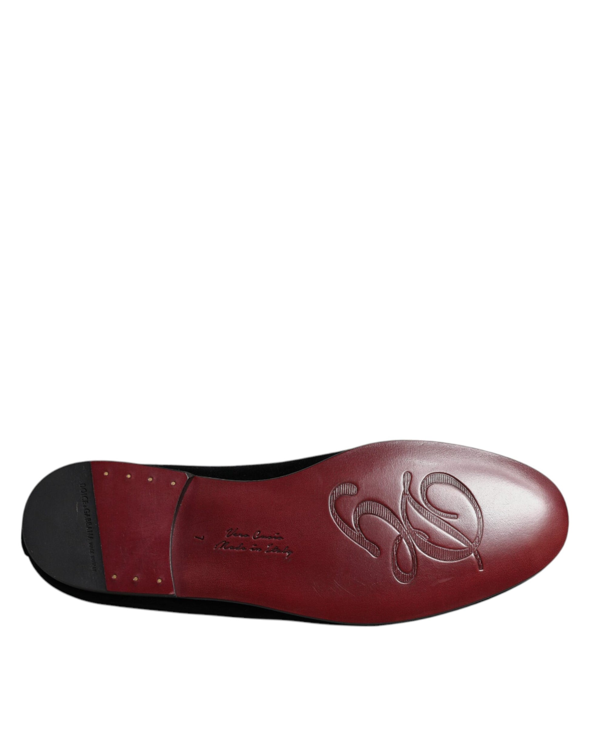 Red velvet loafer with black trim and gold embroidery, featuring a crystal crown design