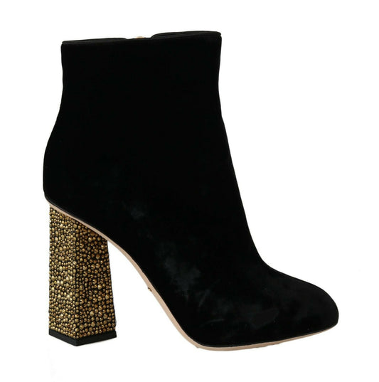 Black suede ankle boot with gold studded heel