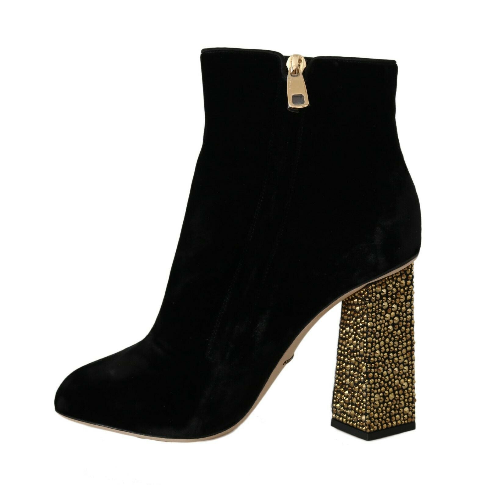 Black suede ankle boot with gold zipper and embellished heel