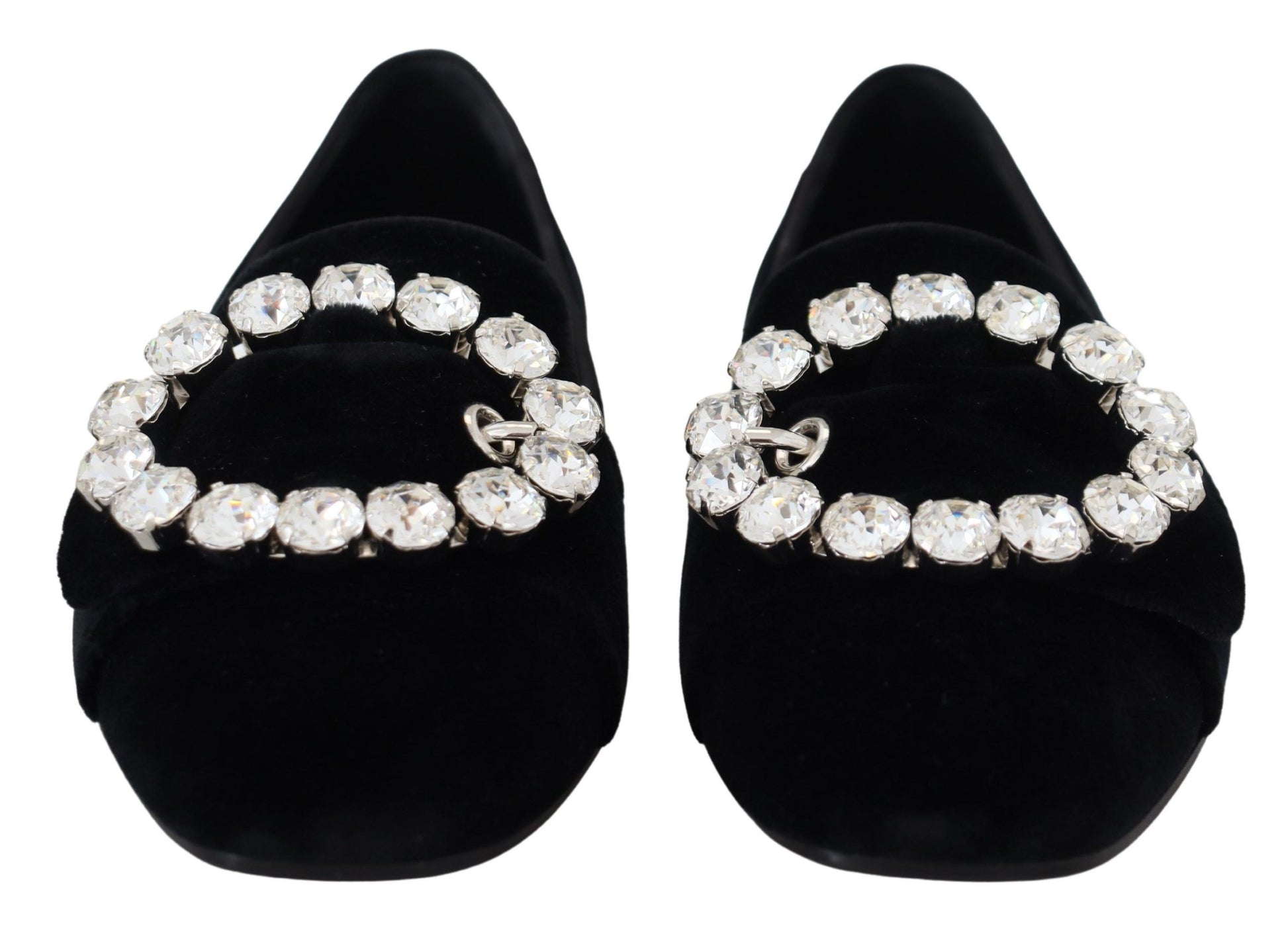 Pair of black velvet shoes with rhinestone embellishments