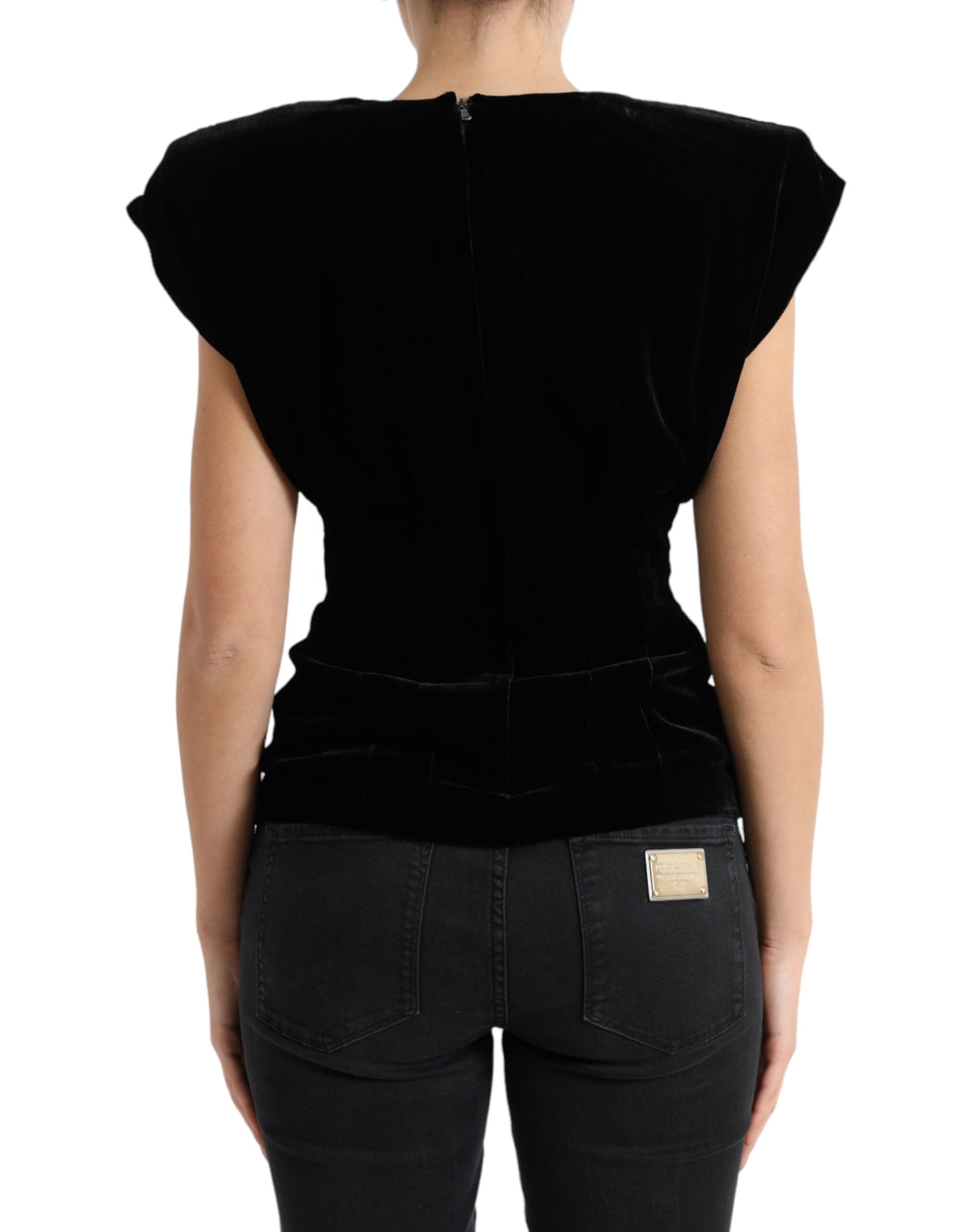 Black velvet top with short sleeves