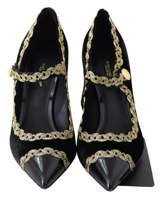 Pair of black velvet shoes with gold embroidery and pointed toe design