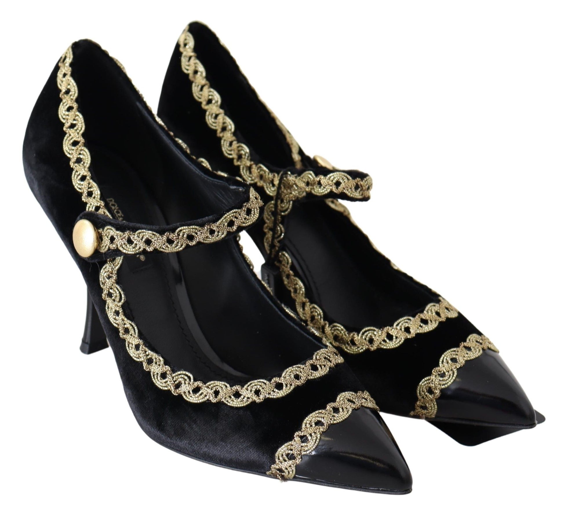 Pair of black suede shoes with gold embellishments and pointed toe design