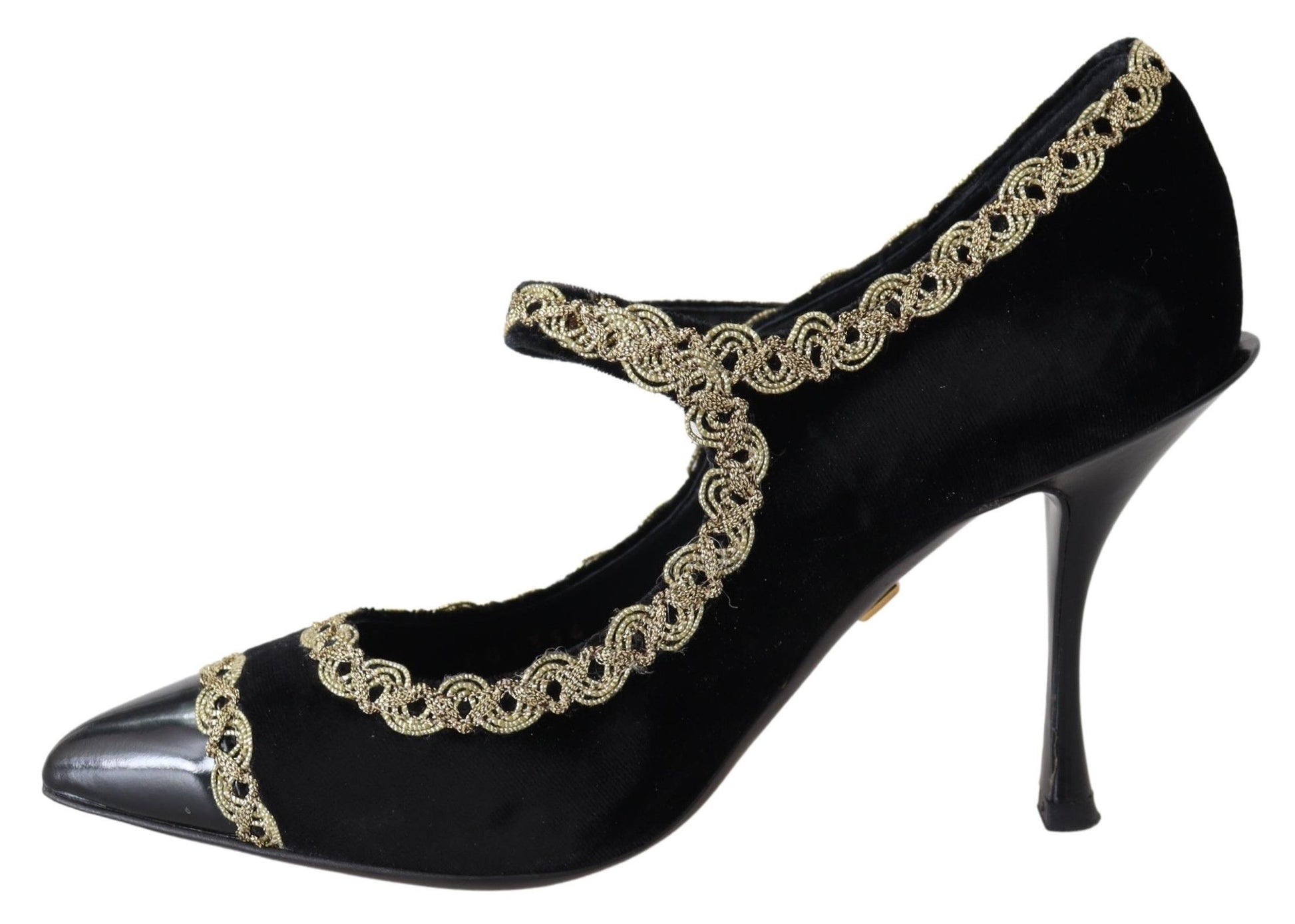 Black high heel shoe with gold embroidery and chain detailing