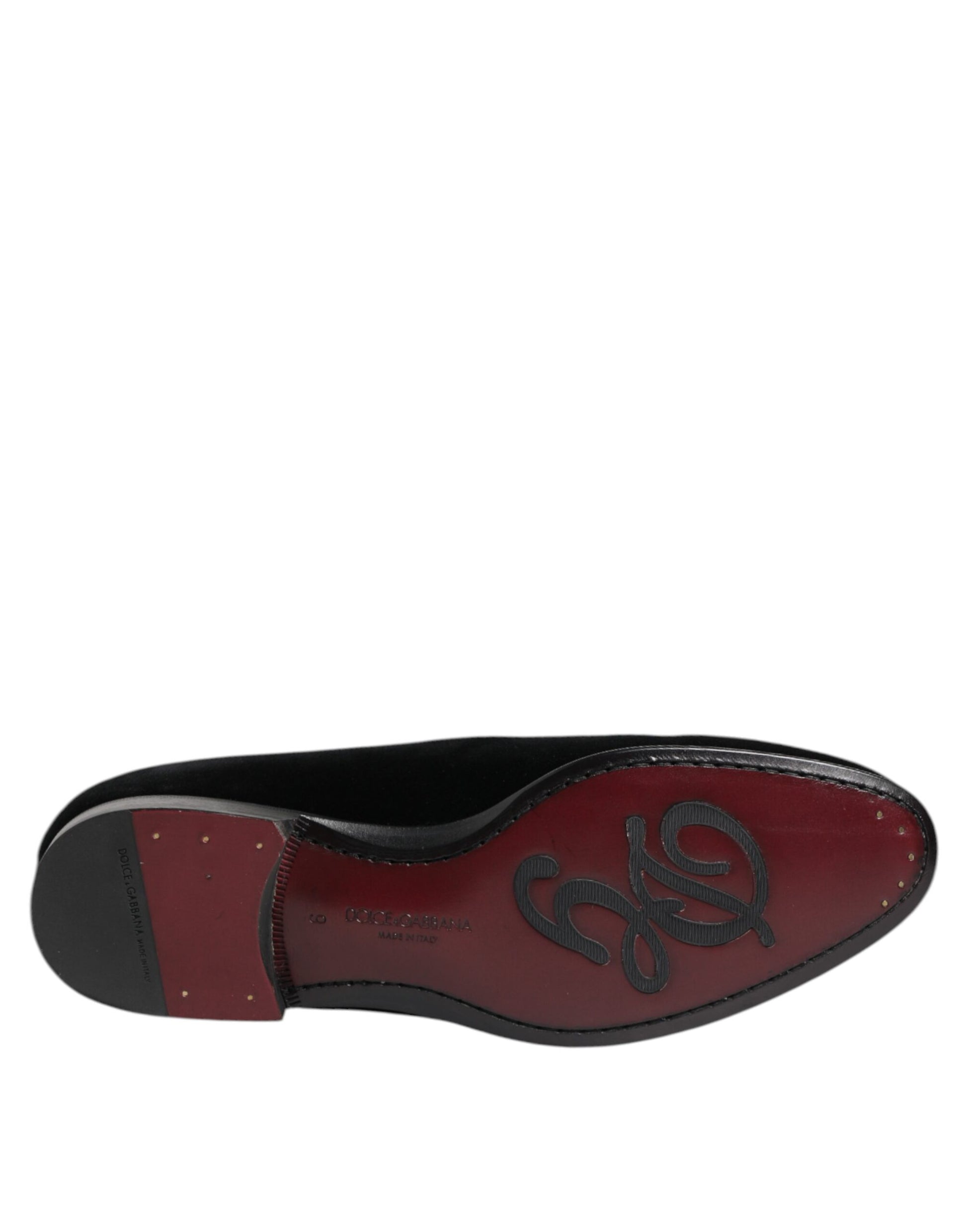 Red velvet loafer with black trim, gold buckle and logo on side
