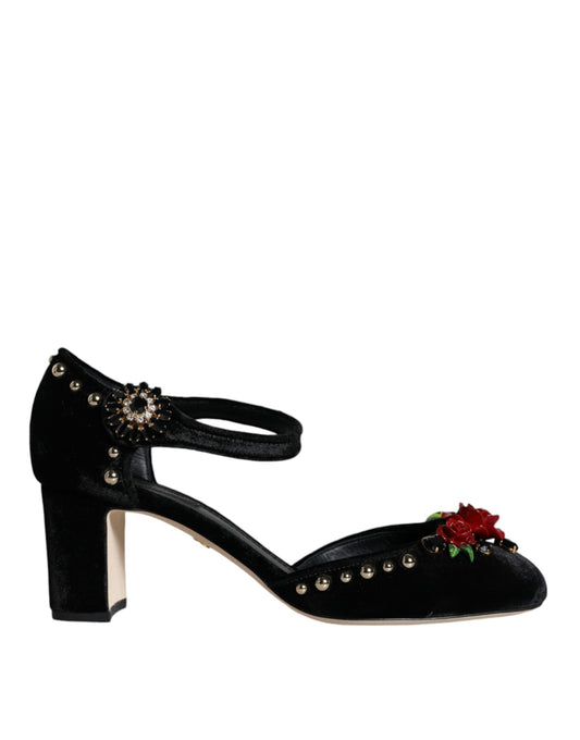 Black suede heeled shoe with embellishments on toe