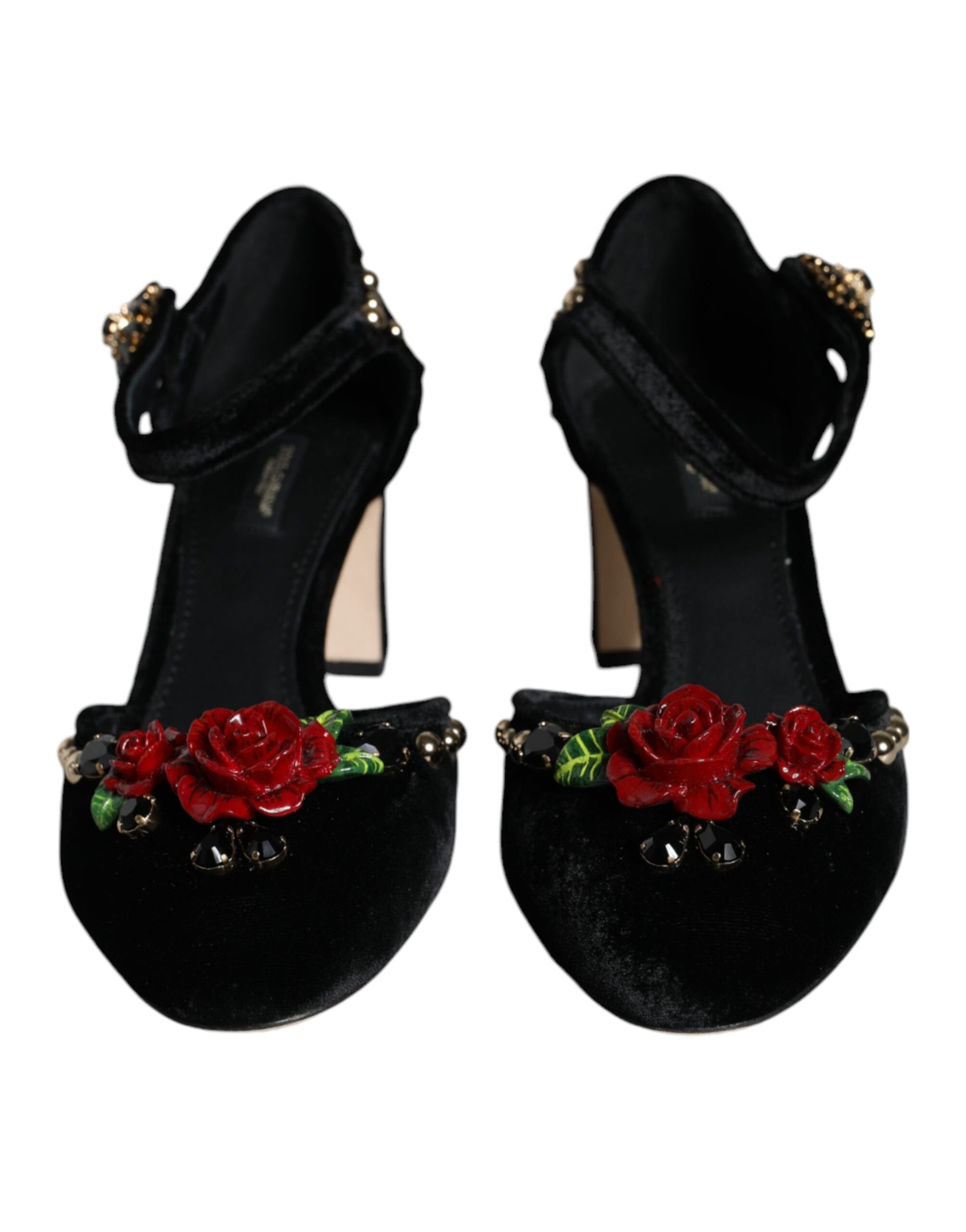 Black velvet shoes with red rose embellishments