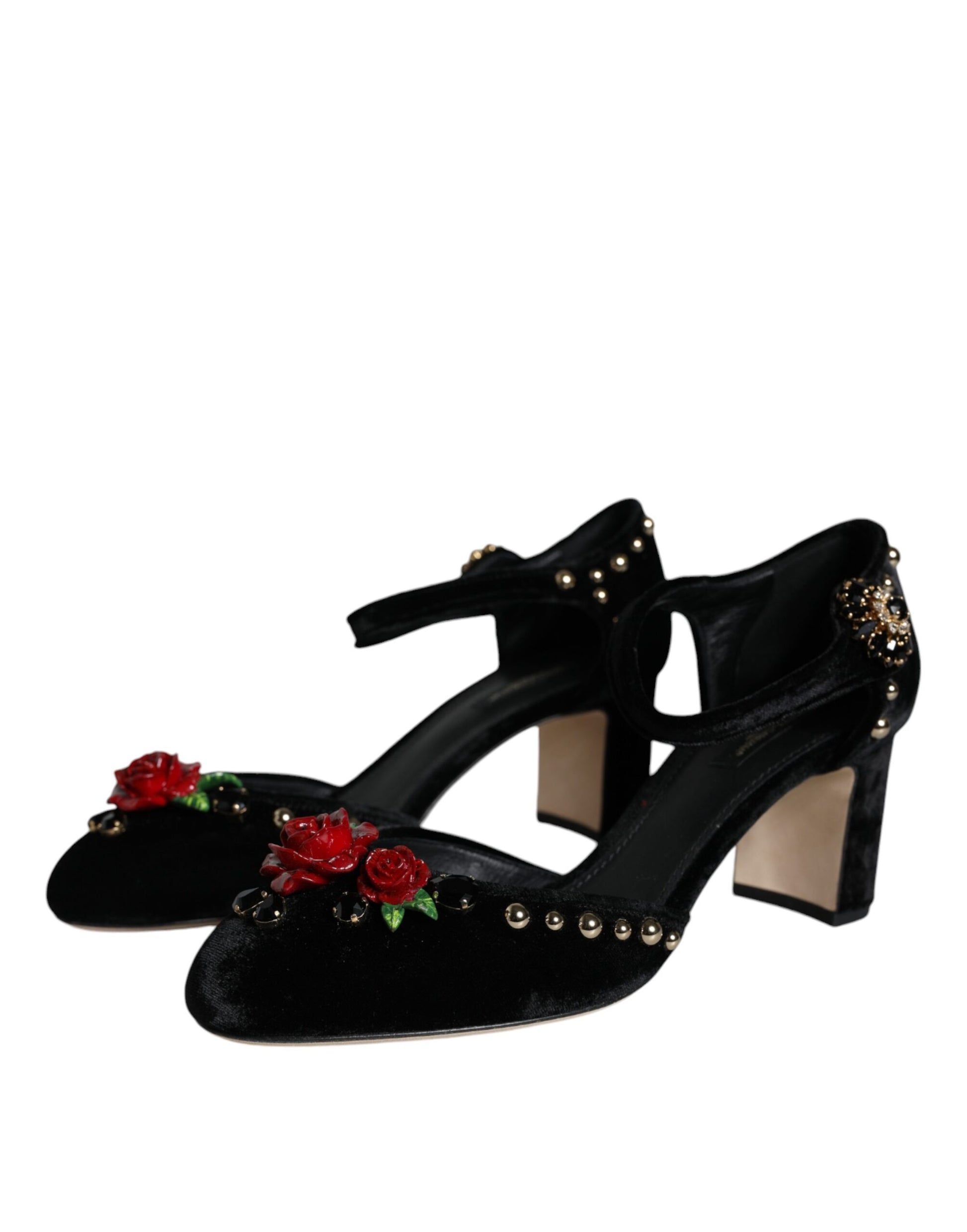 Black velvet shoes with red roses and gold accents