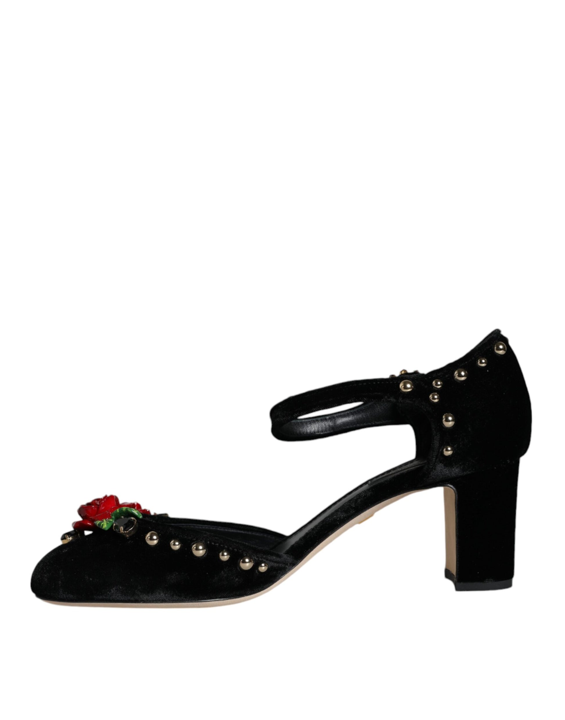 Black suede ankle strap heel with red flower embellishment