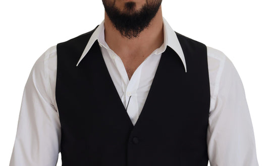 A black vest made of virgin wool, featuring a classic design with a collar and lapels