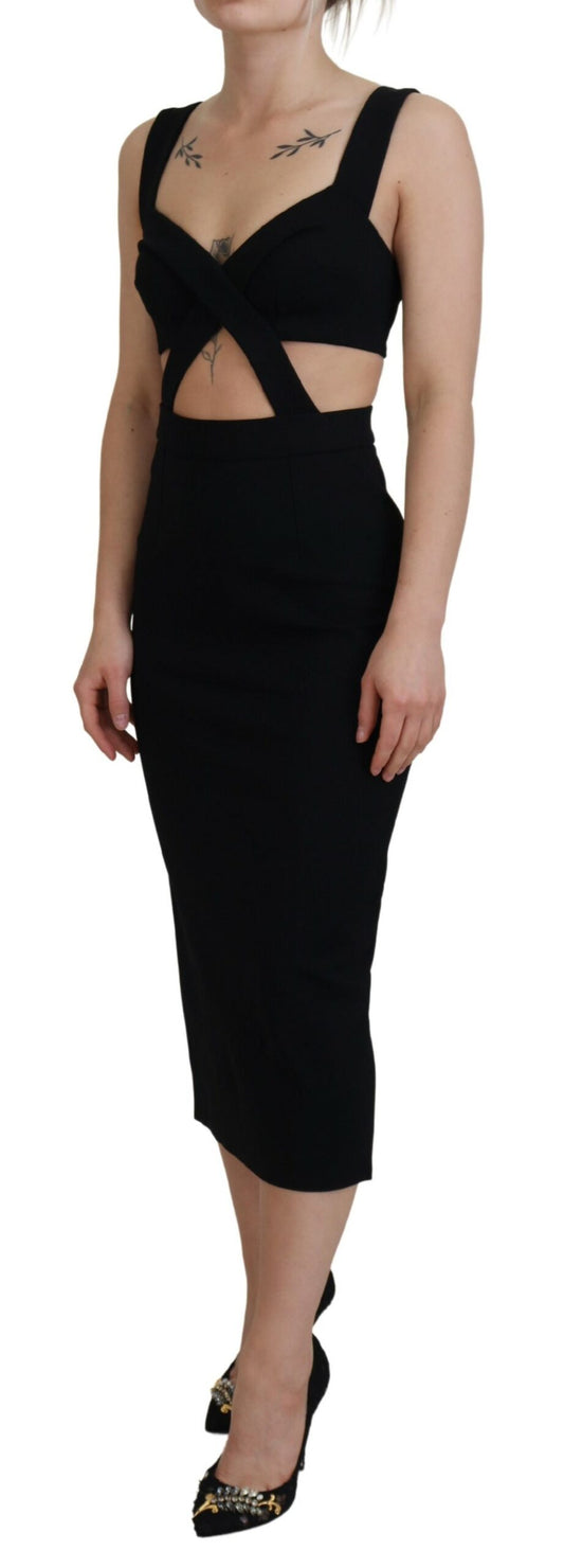 A black viscose bodycon sheath midi dress with a high neckline and side slit