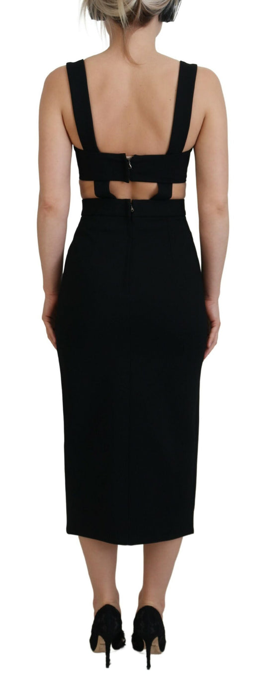 A black viscose bodycon sheath midi dress with a backless design and high neckline