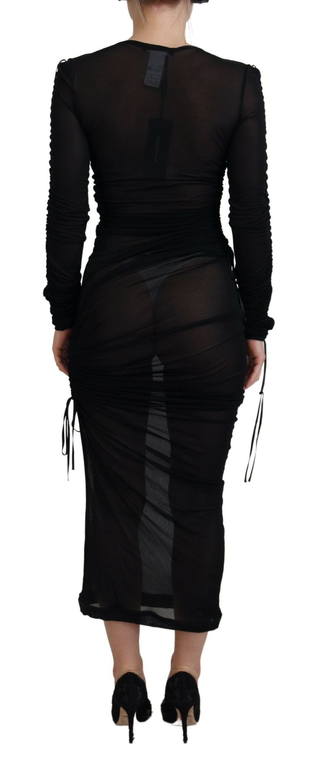 A black viscose bodycon sheath midi dress with a fitted silhouette