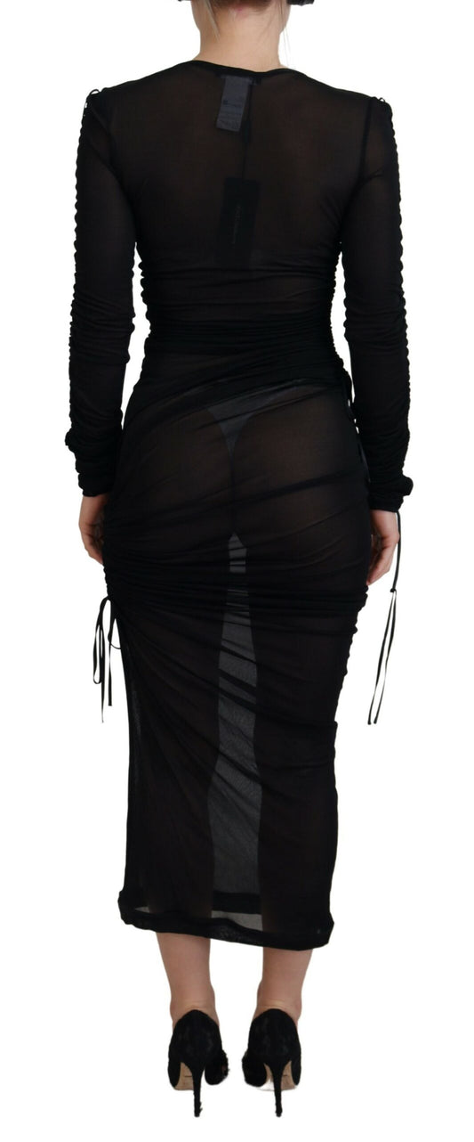 A black viscose bodycon sheath midi dress with a fitted silhouette