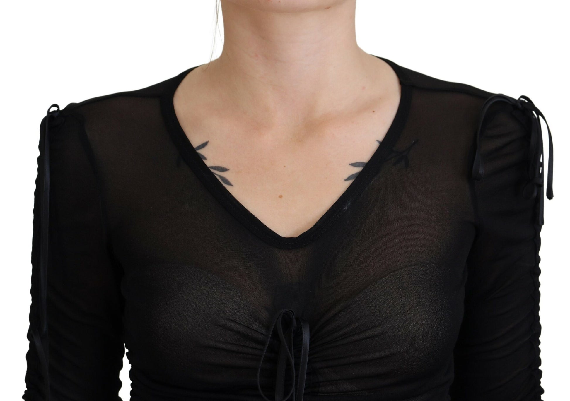 A black viscose bodycon sheath midi dress with lace detailing and a V-neckline
