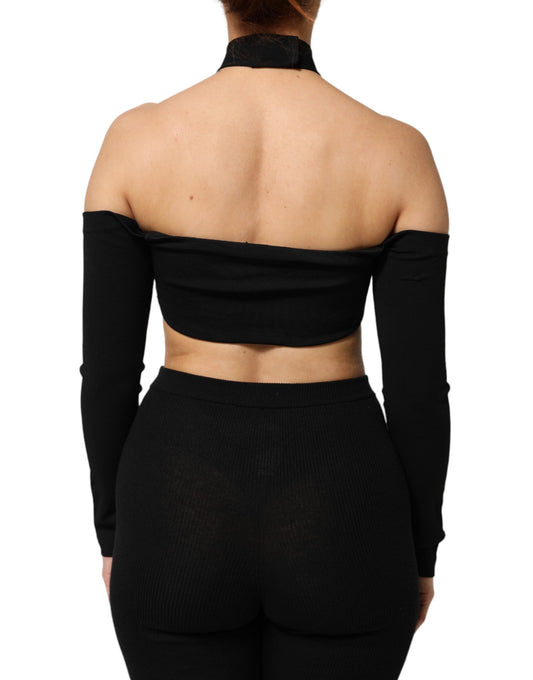 Black crop top with long sleeves and high neckline
